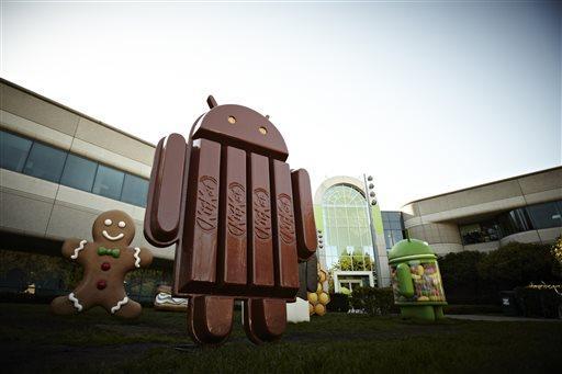 This undated product image provided by Google Inc. shows the new Kit Kat bar Android statue outside Google Inc. headquarters in Mountain View, CA. Google is naming its new Android operating system after the chocolate bar. The Android 4.4 KitKat system is expected to launch in October 2013. (AP Photo/The Hershey Company).