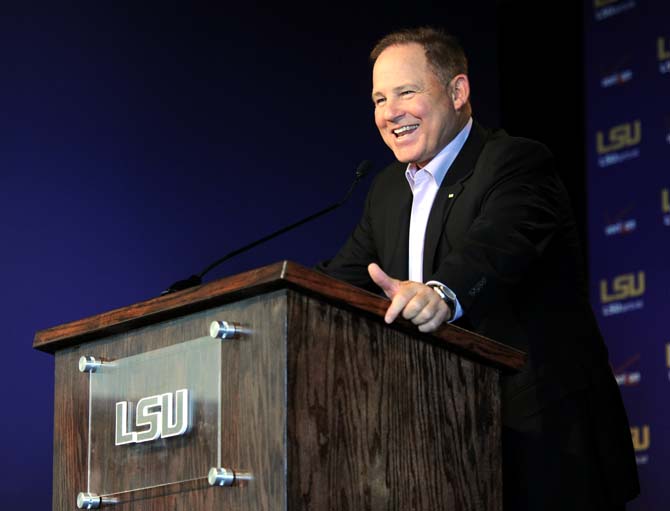 Les Miles answers questions from reporters at Lunch with Les on Tuesday, September 3, 2013 in the Athletics Administration Building.