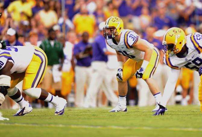 LSU junior linebacker D.J Welter takes his stance Saturday, Sept. 7, 2013 during the tiger's 56-17 victory against UAB.