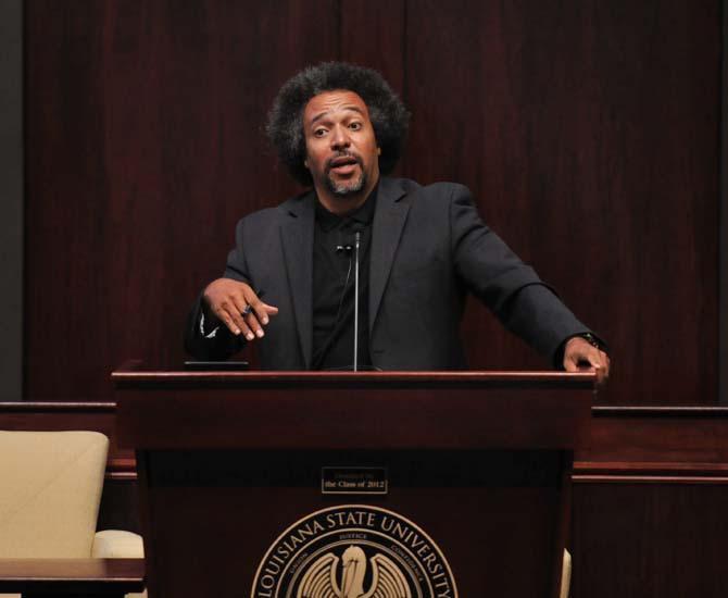 Associate Professor of Law at Earle Mack School of Law, Donald F. Tibbs, speaks on September 5, 2013, during the Trayvon Martin Panel in the McKernan Auditorium in the Paul M. Hebert Law Center. Also part of the panel were Associate Professor of LSU Law Ken Levy and lawyer Lewis Unglesby.