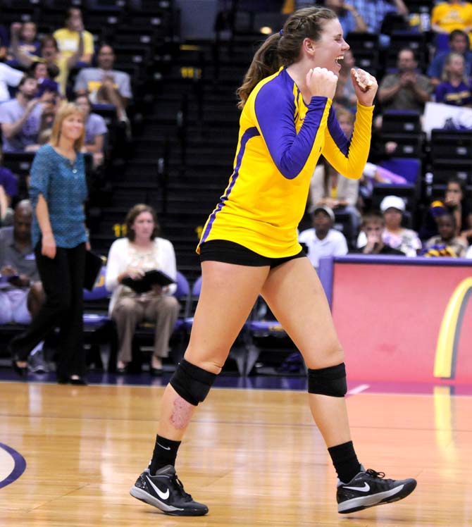 Sophomore, Cait Leak, celebrates a fantastic play as the Lady Tigers volley against Texas San-Antonio Friday, Aug. 30, 2013 at the LSU PMAC.