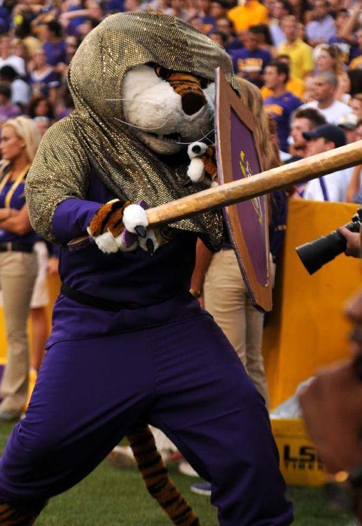 Mike the Tiger dresses as a dragon slayer Sept. 7, 2013 during the Tigers' 56-17 victory against UAB in Tiger Stadium.