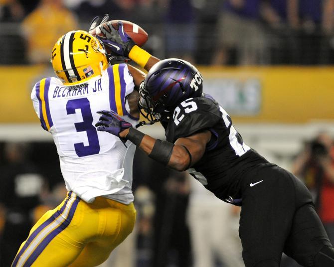 LSU junior wide receiver Odell Beckham Jr. (3) catches a pass Aug. 31, 2013 during the 37-27 victory against TCU in the Cowboys Classic at AT&amp;T Stadium in Arlington, Texas.