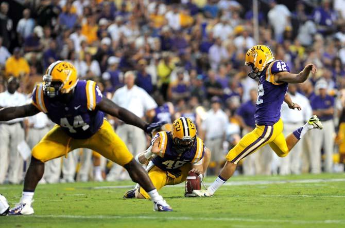 LSU freshman place kicker Colby Delahoussaye kicks a field goal Saturday, Sept. 14, 2013 during the Tiger's 45-13 victory at Tiger Stadium