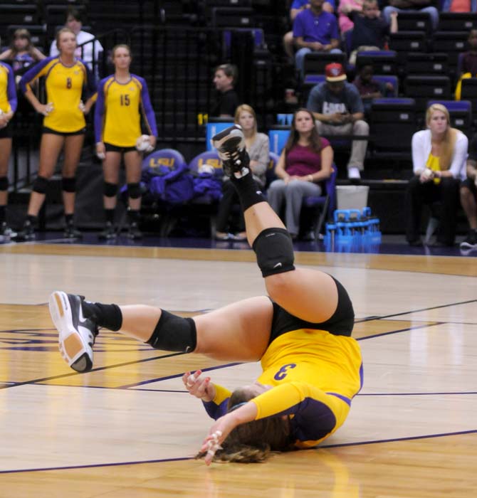 Junior, Laura Whalen, diving Friday Aug. 30, 2013 as the Lady Tigers take on Texas San Antonio for a 3-1 victory