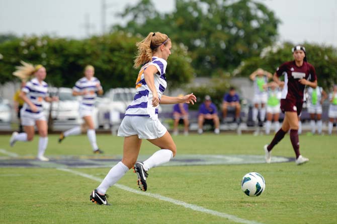 LSU senior defender Addie Eggleston (2) charges up the field Sunday, Sept. 29, 2013 for the Tiger's 3-2 victory against Mississippi State.