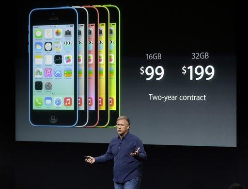 Phil Schiller, Apple's senior vice president of worldwide product marketing, speaks on stage during the introduction of the new iPhone 5c in Cupertino, Calif., Tuesday, Sept. 10, 2013. (AP Photo/Marcio Jose Sanchez)