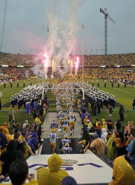 The LSU Tigers take the field Saturday, September 21, 2013, against Auburn University in Tiger Stadium.