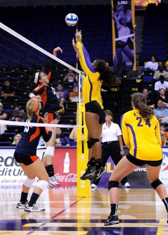 Sophomore, Khourtni Fears (1), teams up with Senior, Desiree Elliott (4) Friday Aug. 30, 2013 to block potential kills by Texas San Antonio