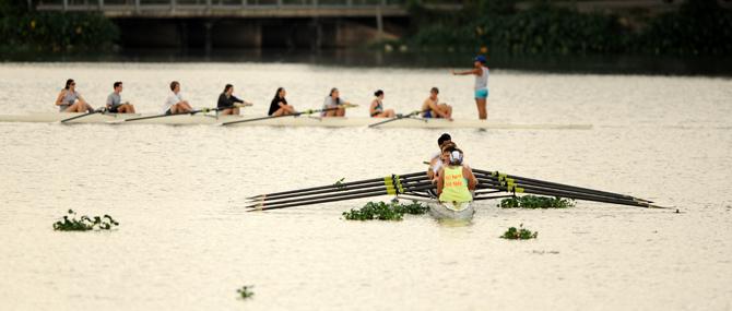 LSU Rowing Club brings two boats with participants Friday, Sept. 12, 2013 out on University Lake to show the students how to row.