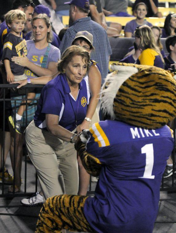 Mike The Tiger woos a fan Saturday night, Sept. 14, 2013 at LSU's 45-13 victory against Kent State.