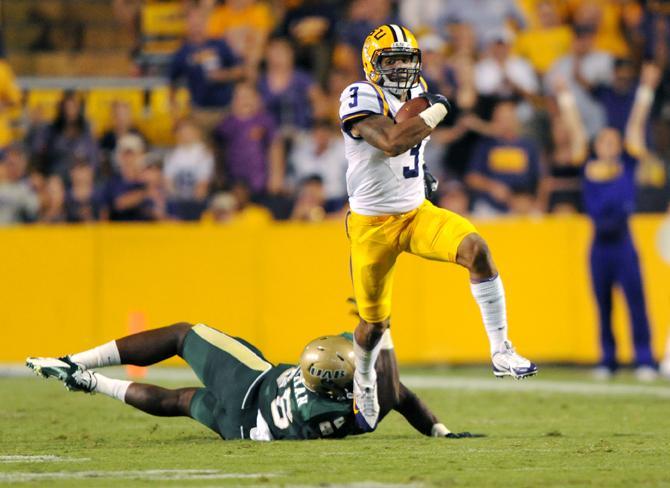 LSU junior wide receiver Odell Beckham Jr. (3) runs a missed field goal for a touchdown Sept. 7, 2013 during the 56-17 victory against UAB in Tiger Stadium.