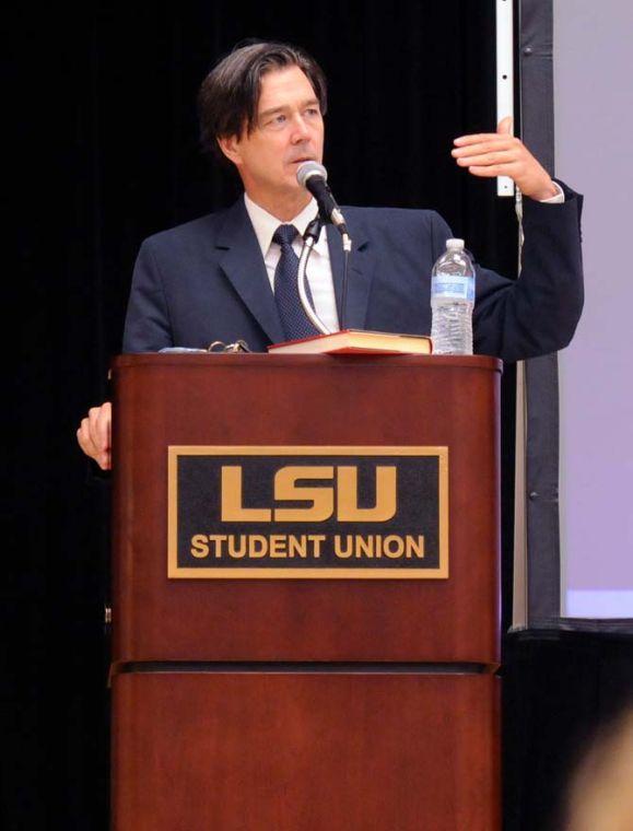 Nationally Recognized Author, Mark Hertsgaard, speaks to the freshman Honor students Wed. Sept. 4, 2013, about the importance of levee biulding, global warming, and perserving the wetlands.