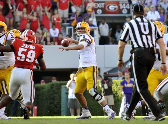 LSU senior quarterback Zach Mettenberger (8) prepares to pass the ball Saturday, Sept 28, 2013 during UGA's 44-41 victory against the Tigers in Sanford Stadium.