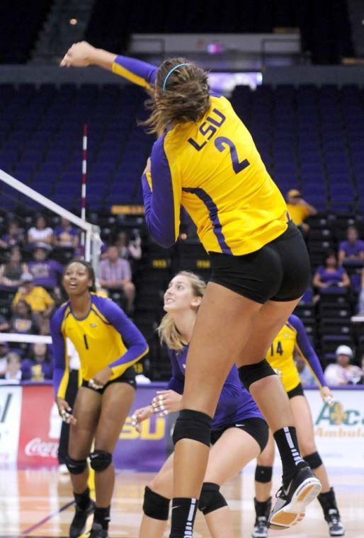 Sophomore, Emily Whalen (2), jumps for a kill Friday Aug. 30, 2013 during the Tigers' match against Texas San-Antonio.