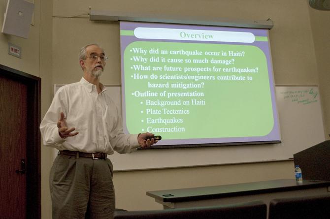 Dr. Jeff Nunn of the Department of Geology and Geophysics speaks during a lecture about the earthquake in Haiti.