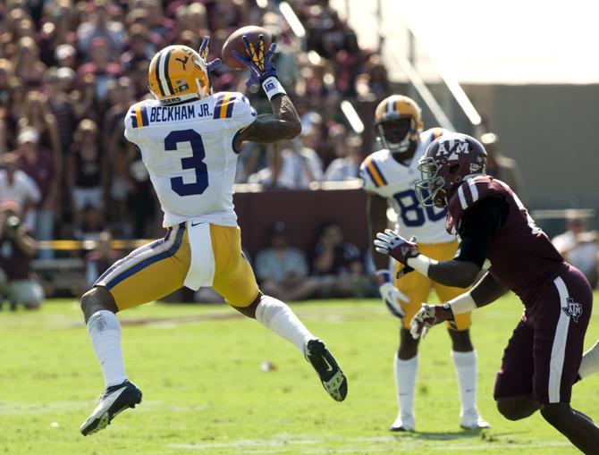 LSU sophomore wide receiver Odell Beckham Jr. makes a leaping catch on Saturday, Oct. 20, 2012 at Kyle Field in College Station, Texas.