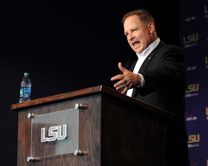 Les Miles speaks to reporters at Lunch with Les Monday, September 9, 2013 in the Moran Family Center for Athletics Administration Building.