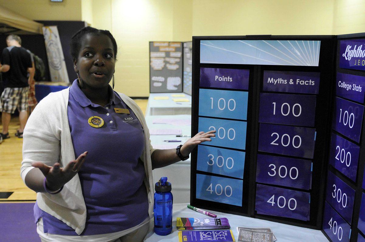 Health Promotion Coordinator Sierra Fowler discusses the Sexual Assault Victim's Advocacy Program (SAVA) on Tuesday, Sept. 24, 2013 at the Tiger Games in the LSU UREC.