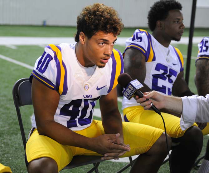 LSU freshman linebacker Duke Riley (40) talks to reporters at LSU Football Media Day on August 11, 2013 at the Charles McClendon Practice Facility.