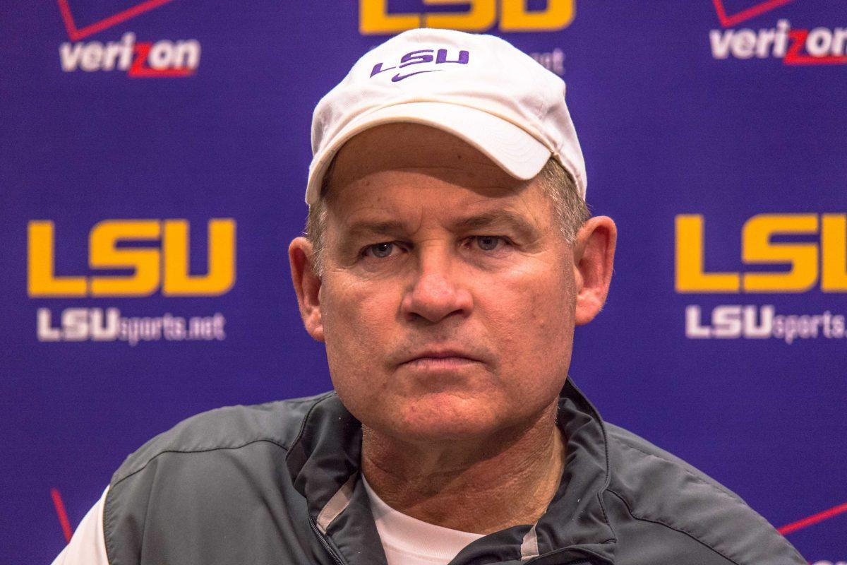 Les Miles, LSU Football Head Coach, answers questions regarding Oklahoma State scandal on Sept. 11, 2013.