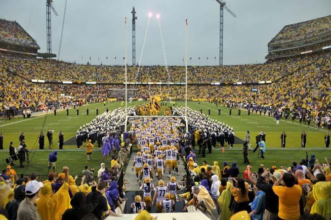 The LSU Tigers take the field Saturday, September 21, 2013, against Auburn University in Tiger Stadium.