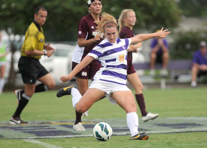 LSU senior forward and midfielder Danielle Murphy progresses the ball downfield Sunday, Sept. 29, 2013 during the Tiger's 3-2 victory against Mississppi State.