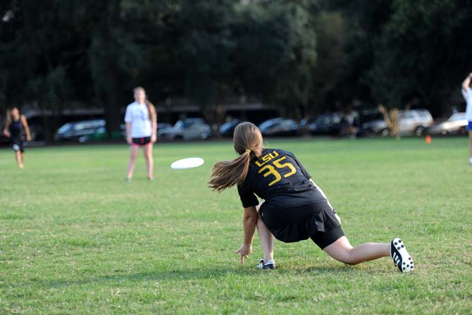 LSU english literature senior Maggie Tyson practices Tuesday, Sept. 18, 2013 in the parade grounds for the LSU womens ultimate frisbee club