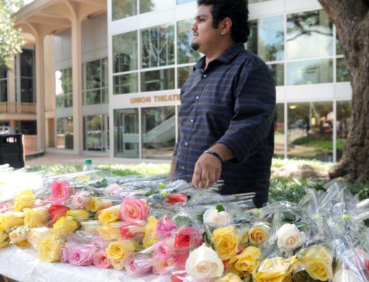 Saudi Club member Ammar Banafea hands out roses Wednesday, Sept. 11, 2013, at the Student Involvement Fair in Free Speech Alley.