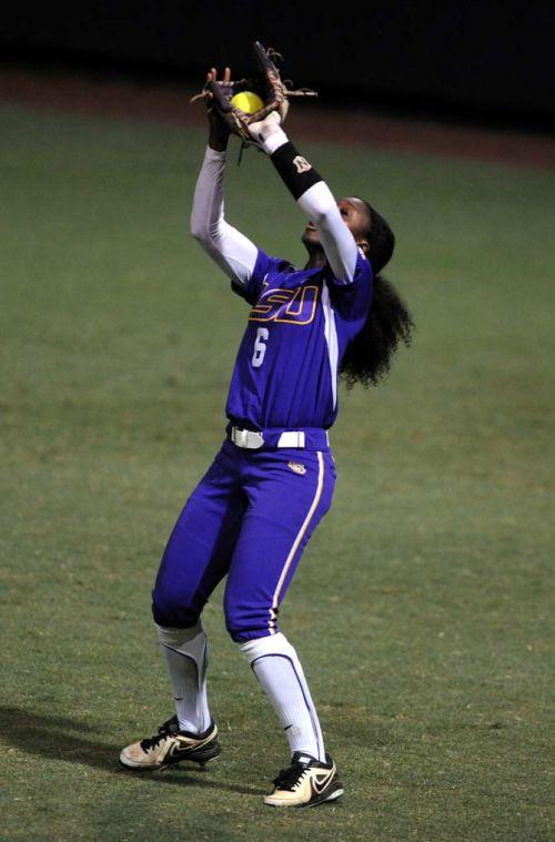 LSU junior outfielder A.J. Andrews (6) catches a ball in the outfield and gets the player on the opposing team out on Monday September 30, 2013 during the LSU vs. USSSA Florida Pride 11-0 loss in Tiger Park.