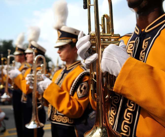 LSU Golden Band from Tigerland marches down Victory Hill before the 56-17 victory against UAB in Tiger Stadium.