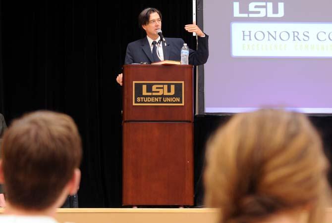 Nationally Recognized Author, Mark Hertsgaard, speaks to the freshman Honor students Wed. Sept. 4, 2013, about the importance of levee biulding, global warming, and perserving the wetlands.