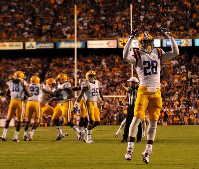 LSU sophomore cornerback Jalen Mills (28) pumps up the crowd Sept. 7, 2013 during the 56-17 victory against UAB in Tiger Stadium.