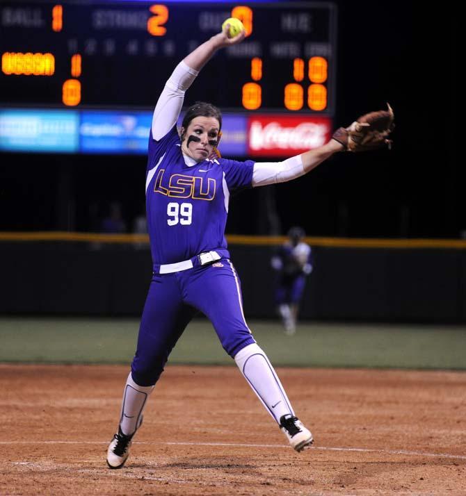 LSU senior pitcher Ashley Czechner (99) pitches a fierce throw on Monday September 30, 2013 during the LSU vs. USSSA Florida Pride 11-0 loss in Tiger Park.