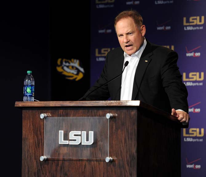 Les Miles speaks to reporters at Lunch with Les Monday, September 9, 2013 in the Moran Family Center for Athletics Administration Building.