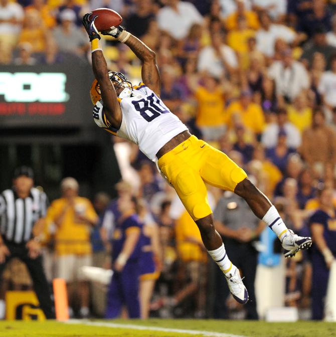 LSU junior wide receiver Jarvis Landry (80) catches a touchdown pass Sept. 7, 2013 during the LSU vs. UAB game in Tiger Stadium.