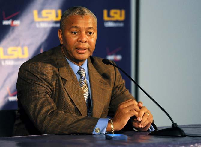 LSU head men's basketball coach Johnny Jones speaks to reporters Monday, October 28, 2013 at Basketball Media Day in the LSU Basketball Practice Facility.