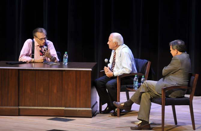 Larry King (left) interviews former Governor Edwin Edwards (center) and Leo Honeycutt (right) on Sunday, September 8, 2013 in the LSU Union Theater.