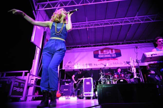 Amy Renee Heidemann and Nicholas Louis "Nick" Noonan, of Karmin, perform Thursday, Oct. 24 2013, at the LSU Homecoming Concert held at the parade grounds