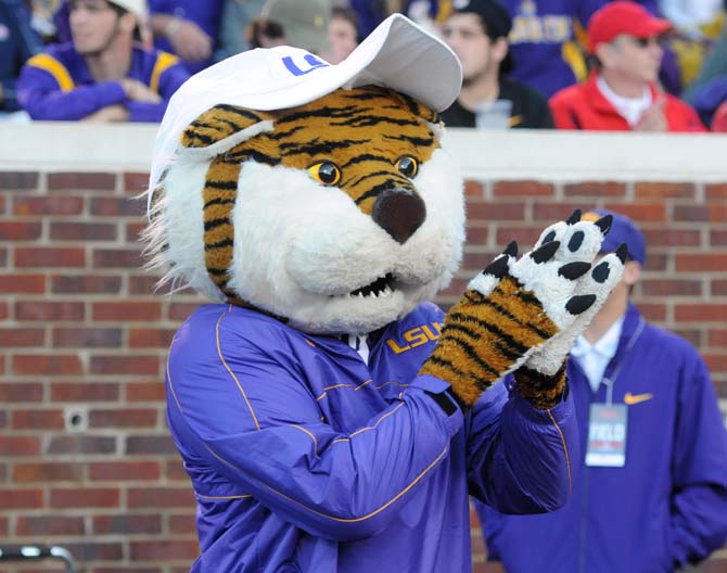 Mike the Tiger dresses up like LSU football head coach Les Miles on Saturday, October 19, 2013 during the Tigers' 27-24 loss against Ole Miss at Vaught-Hemingway Stadium.