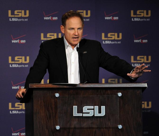 LSU head football coach Les Miles talks to the media Monday, Oct. 7, 2013 in the LSU Team Room at the Practice Facility.