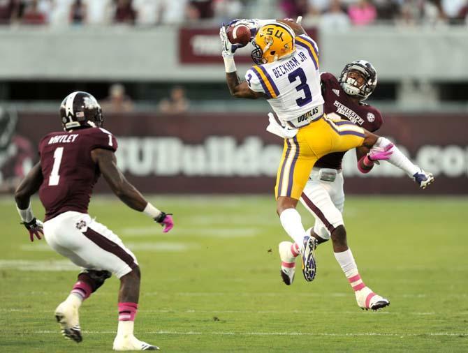 LSU junior wide receiver Odell Beckham, Jr. (3) catches a pass during the LSU vs. Mississippi State game on Saturday October 5, 2013 at Davis Wade Stadium.