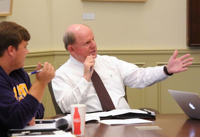 Robert Kuhn, interim vice chancellor for finance and administration services and CFO, discusses the student technology fee Monday, October 21, 2013, at a meeting in Thomas D. Boyd Hall.