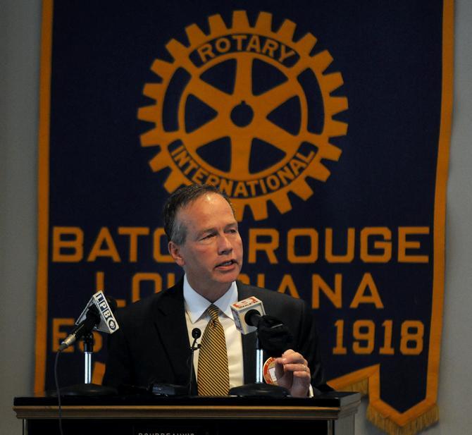 LSU president and chancellor F. King Alexander speaks before the Baton Rouge Rotary Club on Wednesday, Oct. 16, 2013 at Boudreaux's.