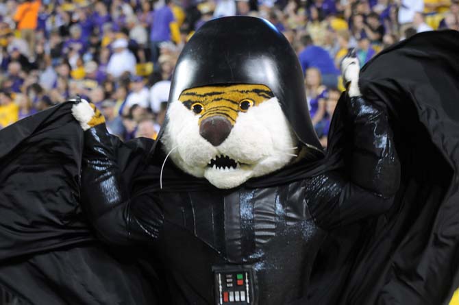 Mike the Tiger flaps his cape during the Furman game on Saturday, Oct. 26, 2013.