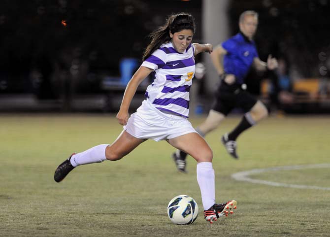 LSU freshman defender Rebecca Pongetti drives the ball downfield Friday, Oct. 25, 2013 during the Tigers' fall against Georgia 2-1