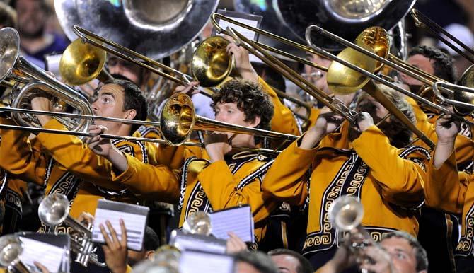 The Tiger Band trombone players jam on Saturday Oct. 5, 2013 during the 59-26 victory against Mississippi State in Davis Wade Stadium.