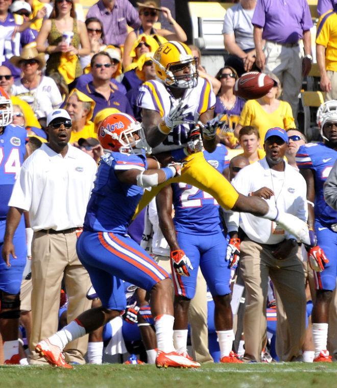 LSU junior wide receiver Jarvis Landry (80) catches a pass Saturday, Oct. 12, 2013 during the Tigers' 17-6 victory against the Gators in Tiger Stadium.