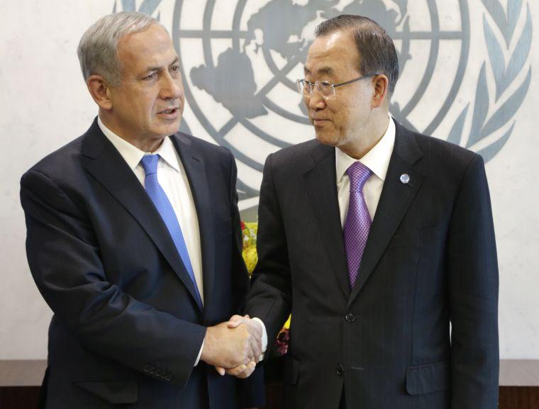 Israeli Prime Minister Benjamin Netanyahu, left, shakes hands with United Nations Secretary-General Ban Ki-moon during the 68th session of the General Assembly at U.N. headquarters, Tuesday, Oct. 1, 2013. (AP Photo/Seth Wenig)