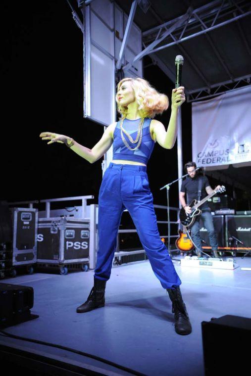 Amy Renee Heidemann, of Karmin, performs Thursday, Oct. 24 2013, at the LSU Homecoming Concert held at the parade grounds